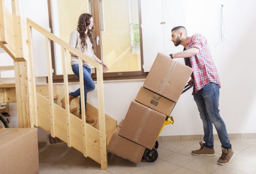 Office relocation scene in South Hackney with desks and equipment