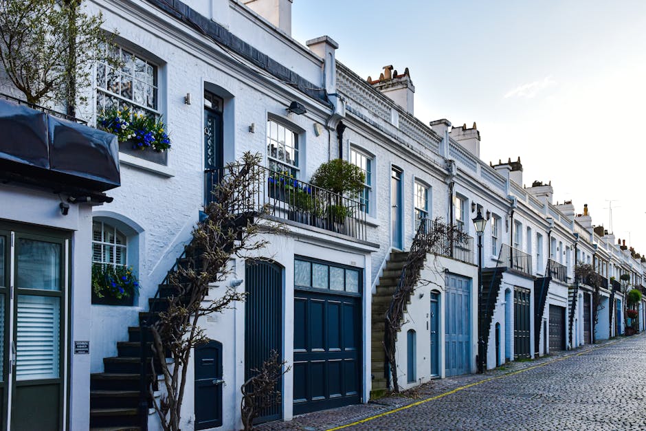 A row of white terraced houses with blue and black garage doors and external staircases, situated on a cobbled street in Clapton, South Hackney. The properties feature small front gardens with potted plants and decorative flower boxes in window sills. Exterior stairs with black railings lead to upper-floor entrances, and some staircases are lined with vine-like plants or small trees. The houses have large windows with white frames, some adorned with flower boxes, and the sky above is clear with sunlight casting a soft glow on the scene. In the foreground, a parked van belonging to Man with Van South Hackney is visible, parked on the pavement close to the houses. The image suggests preparation for a home relocation or furniture transport, capturing the typical external environment involved in house removals in historic residential areas.